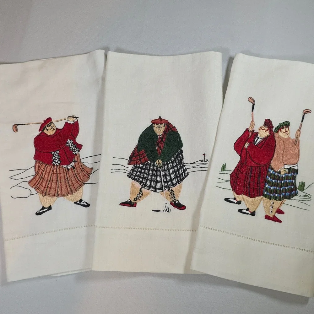 Scottish Golfers White Embroidered Tea Towels Set of 3 Ramie Cotton